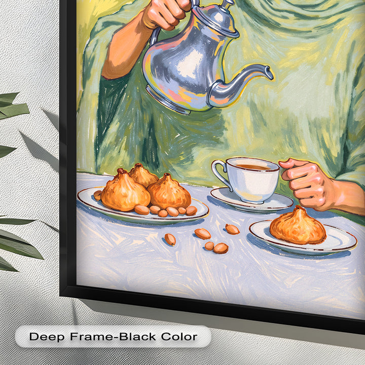 Woman Pouring Tea with Traditional Sweets - Food Painting