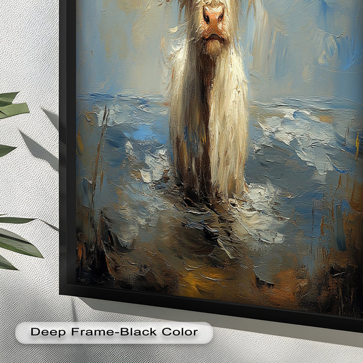Highland Cow in Coastal Waters – Animal Oil Painting
