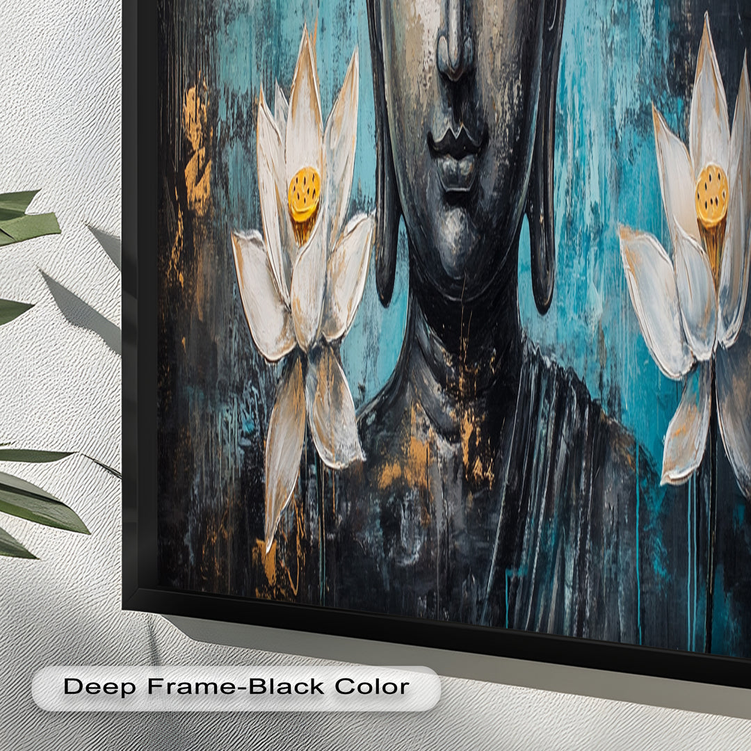 Teal Buddha with Lotus Flowers – Religious Oil Painting