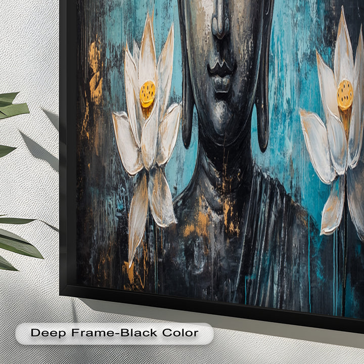 Teal Buddha with Lotus Flowers – Religious Oil Painting