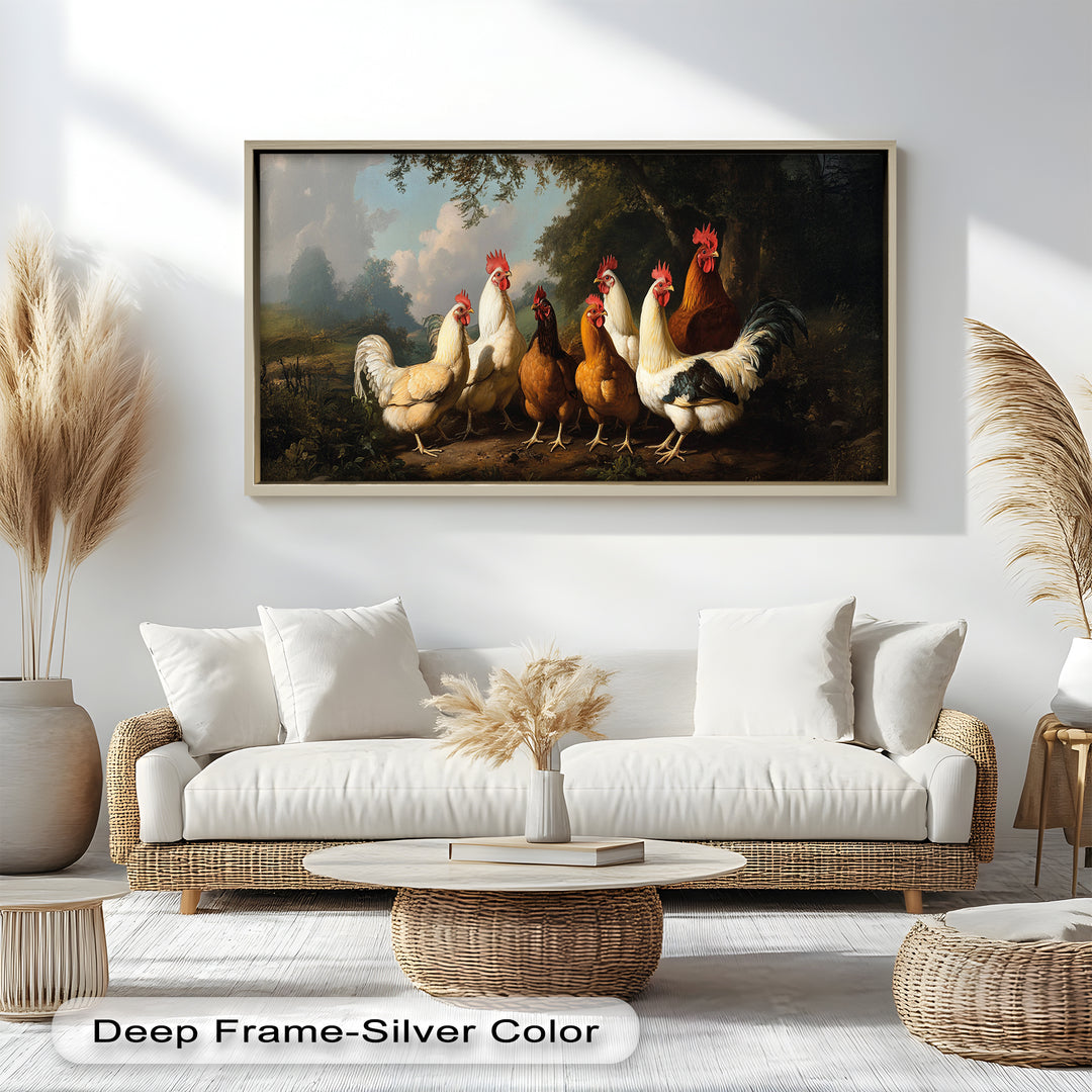 Roosters and Hens in a Countryside Clearing - Animal Oil Painting