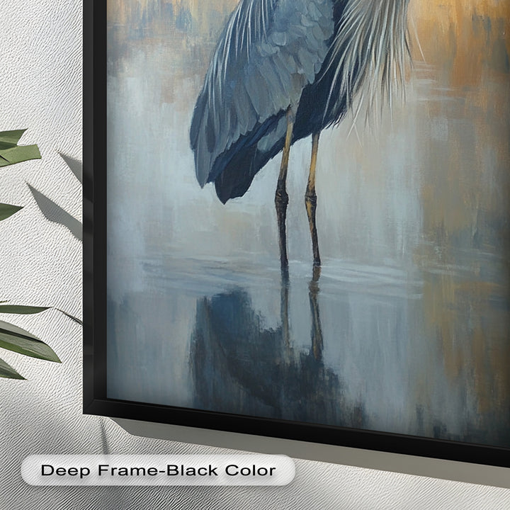 Heron in Misty Marshland - Framed Oil Painting