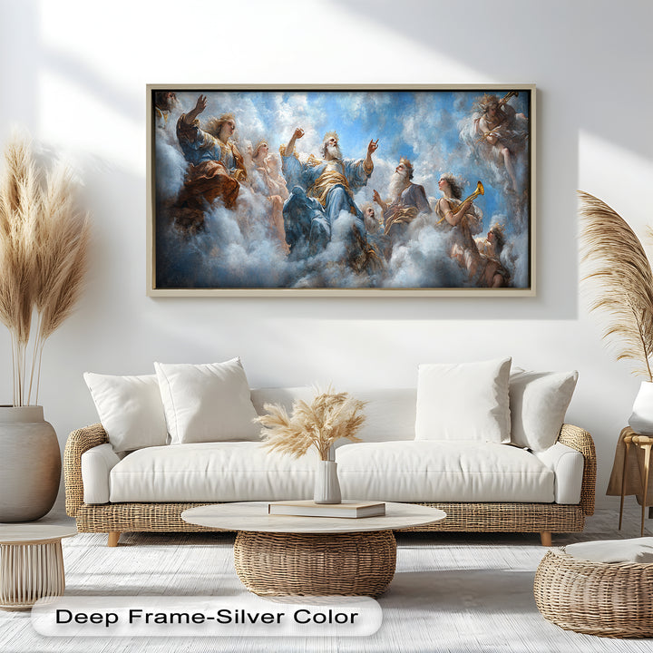 Himmlischer Hof der Götter – Ölgemälde in göttlichem Blau und Gold