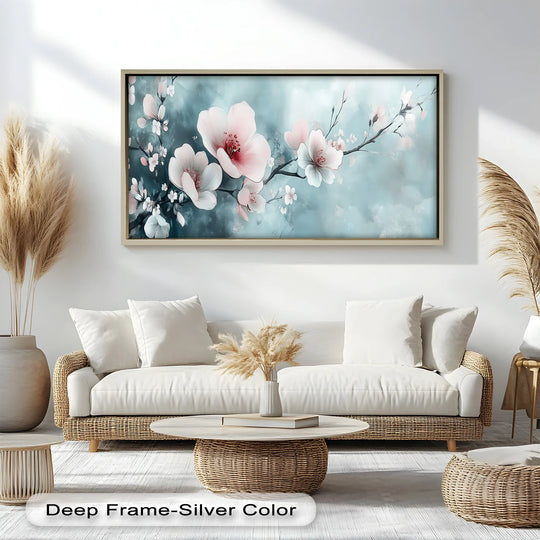 Presenting the abstract quality of soft pink and white petals against a tranquil blue backdrop in this exquisite oil painting art prints, enhancing its visual allure.