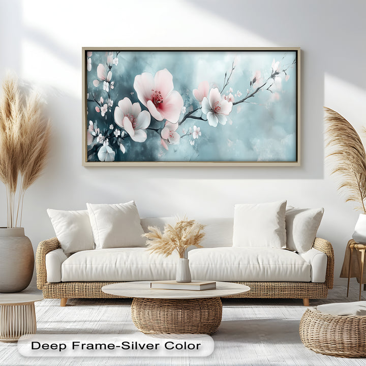 Soft Pink and White Petals on Tranquil Blue - Flower Oil Painting