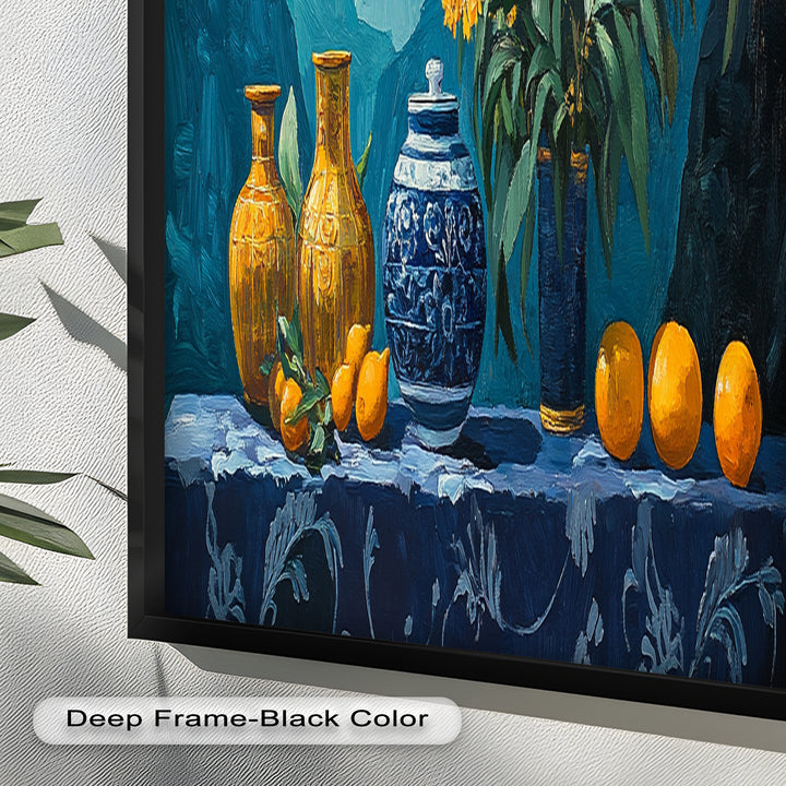 Blue & Yellow Vase Citrus Still Life – Framed Oil Painting