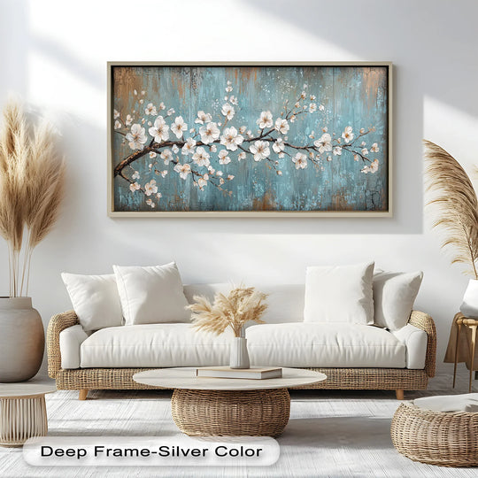 Highlighting geometric elements, this serene flower oil painting decoration displays a branch with white blossoms set against textured blue rectangles.
