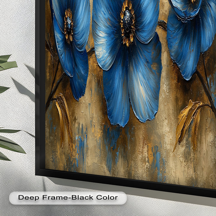 Golden Beige Elegance – Royal Blue Floral Trio Flower Oil Painting