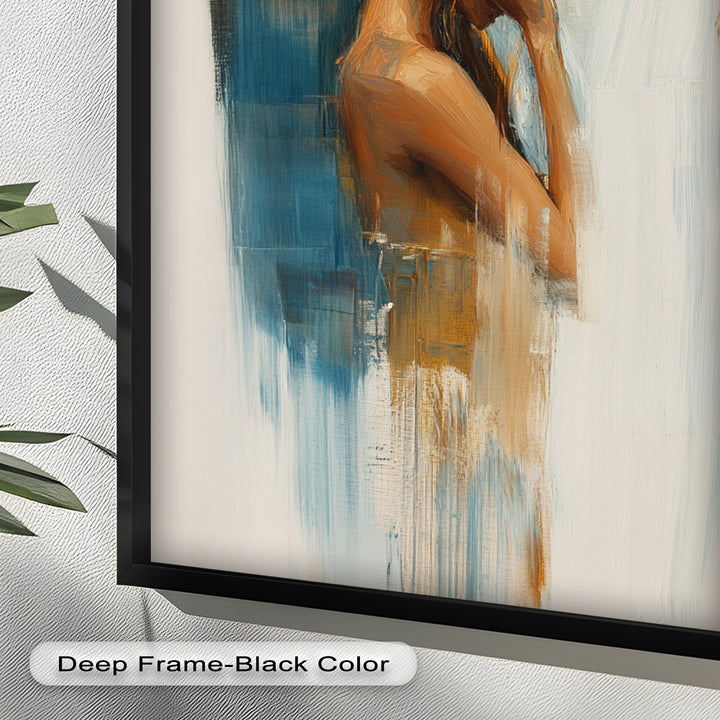Veil of Thought – Introspective Woman in Blue and Gold Abstract Oil Painting
