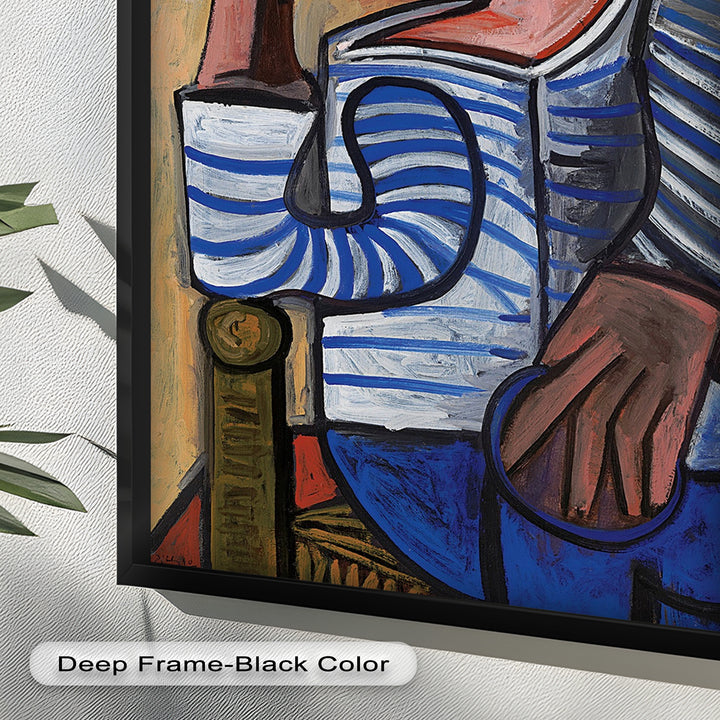 Melancholy in Stripes – Seated Man with Blue Shirt Picasso Oil Painting
