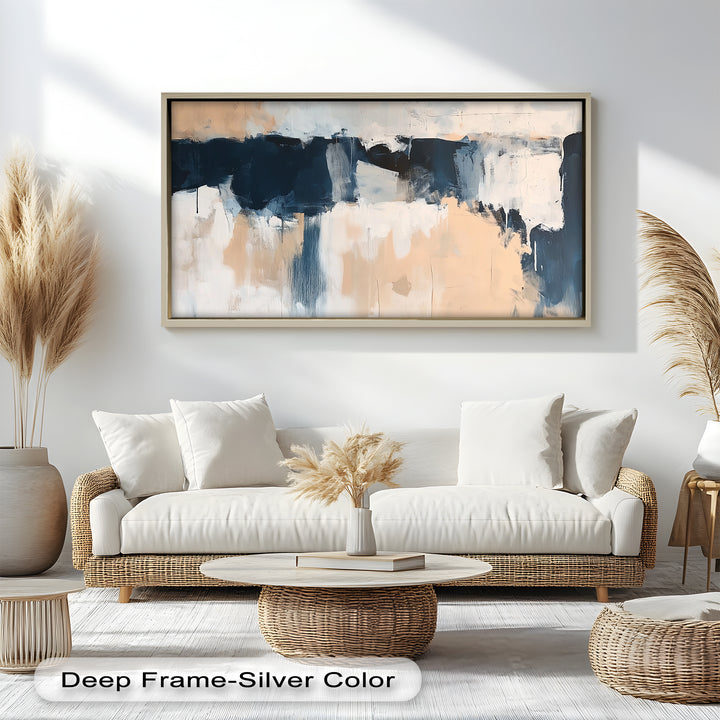 Coastal Horizon – Neutrales, marineblaues, abstraktes Ölgemälde