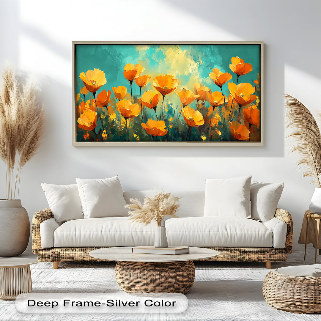 A lively field of bright orange poppies blooming under a glowing sky, painted in bold brushstrokes of teal, yellow, and gold.