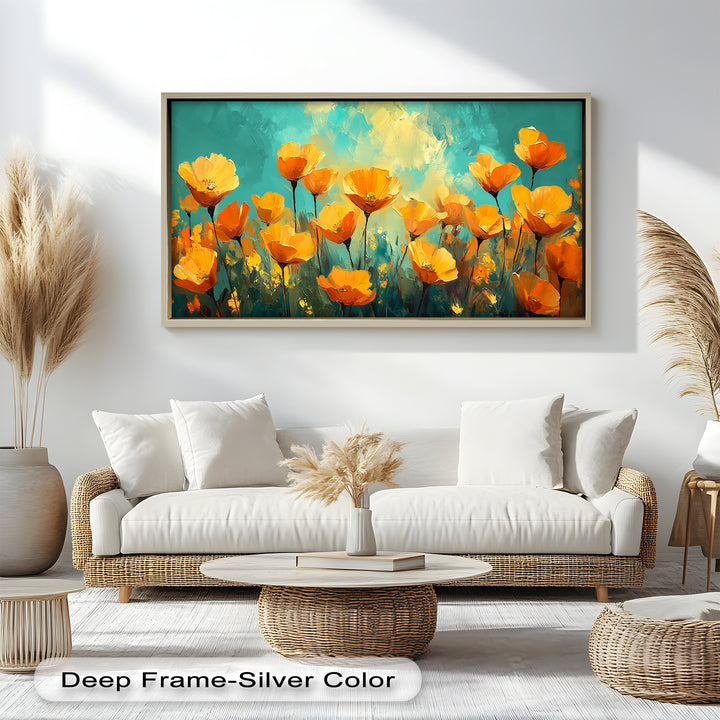 A lively field of bright orange poppies blooming under a glowing sky, painted in bold brushstrokes of teal, yellow, and gold.