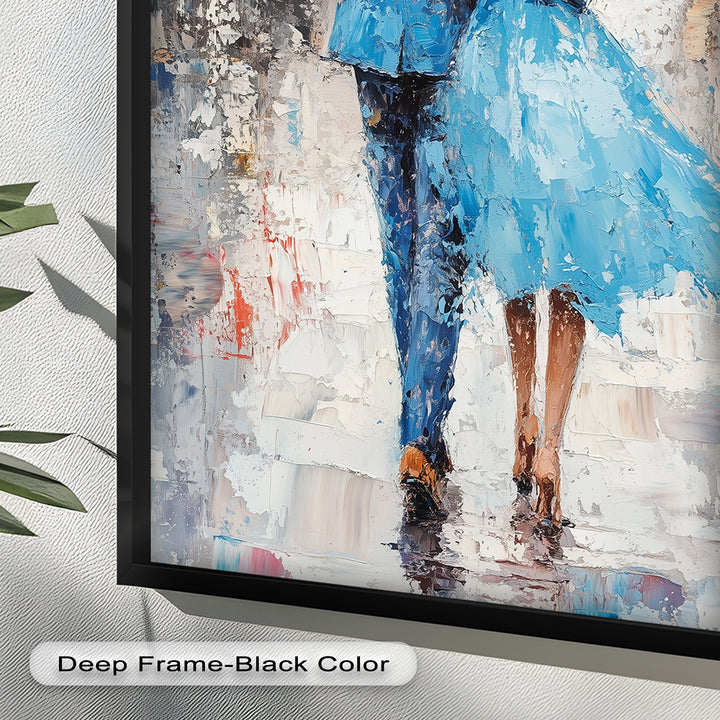Romantic Couple Strolling in Rain - Love Oil Painting