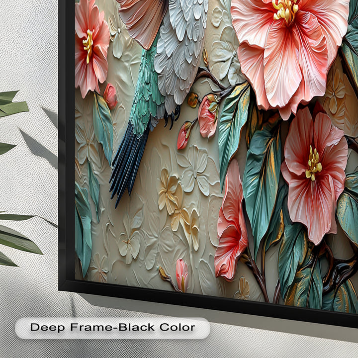 Spring Hummingbird with Pink Flowers – Framed Oil Painting