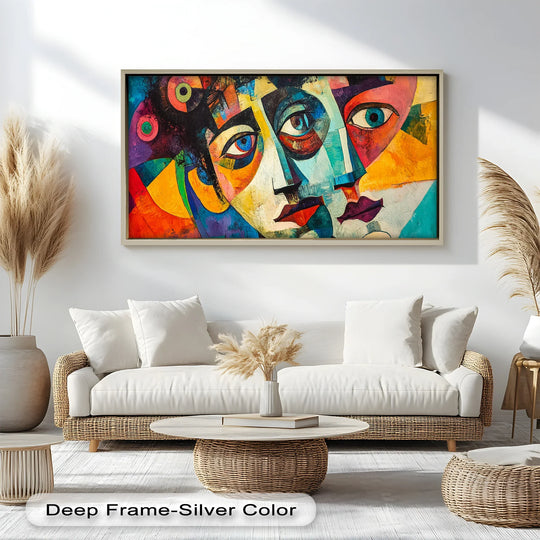 Framed with a deep silver color, the edge of this modern oil painting art enhances the vibrant, fragmented reflections within the abstract piece.