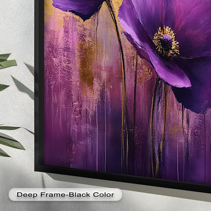 Velvet Blossoms – Purple Floral Elegance with Gold Flower Oil Painting