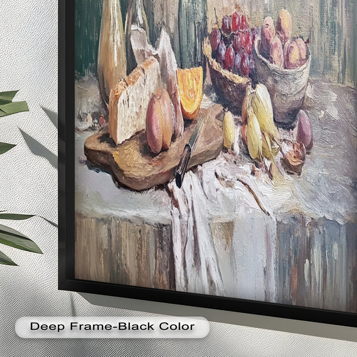 Rustic Fruit & Bread Still Life – Framed Oil Painting