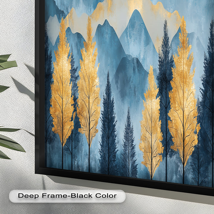 Blaue und goldene Aquarell-Berglandschaftskunst – Atemberaubende Ölgemälde