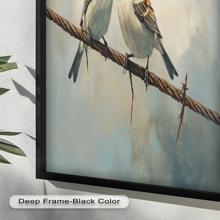 Two Sparrows on a Wire – Bird Oil Painting