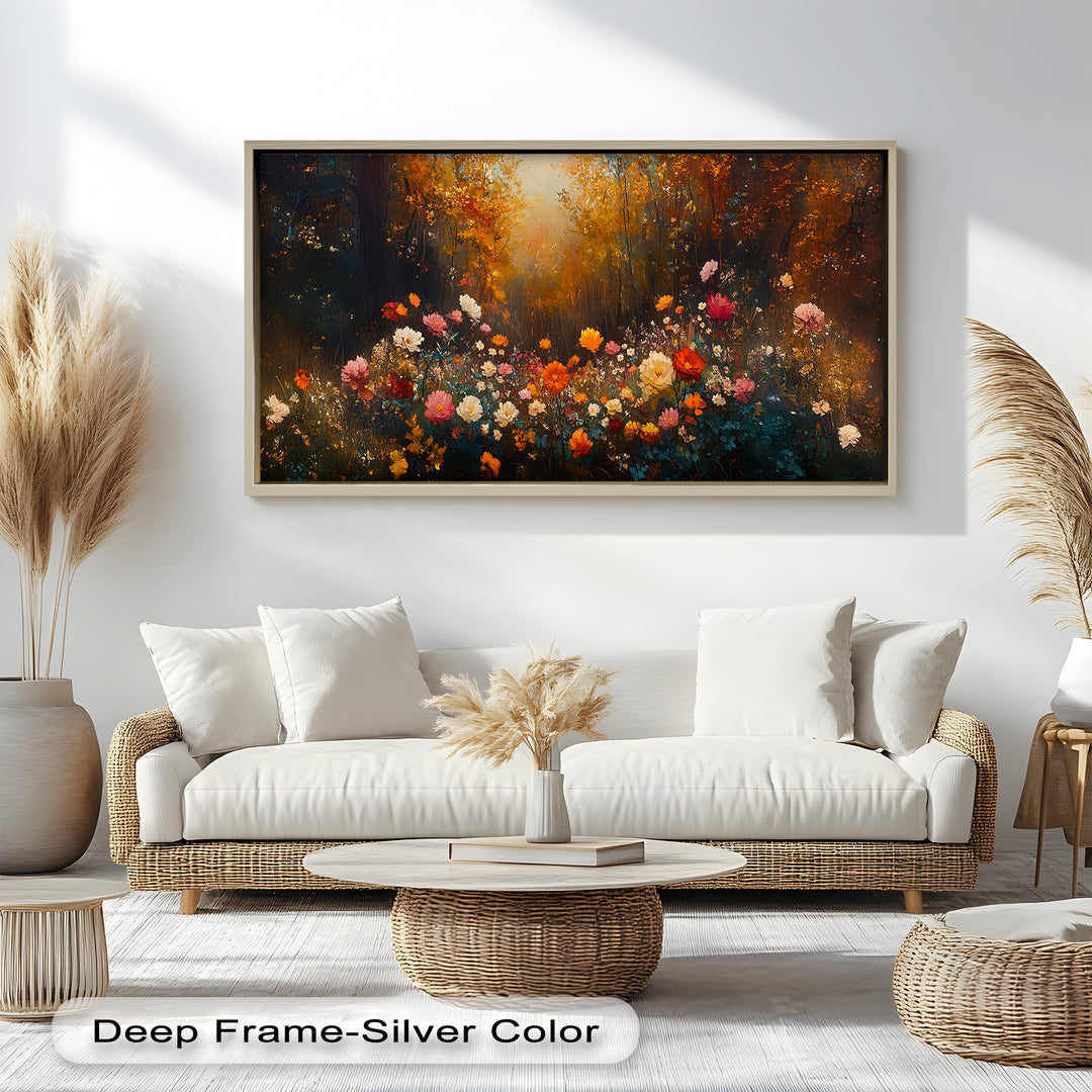 The contrast between the dark forest and radiant blossoms creates depth and drama, making this piece a captivating centerpiece.