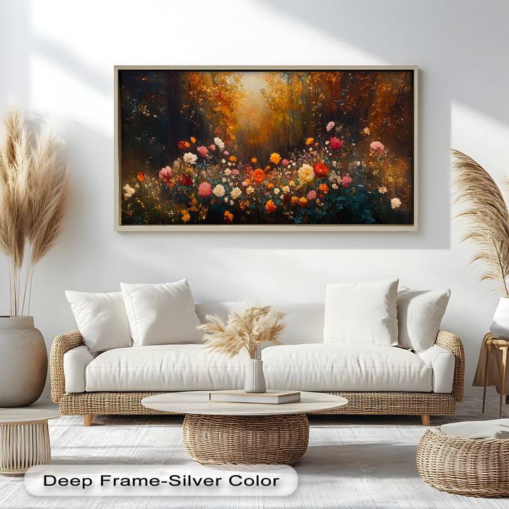 The contrast between the dark forest and radiant blossoms creates depth and drama, making this piece a captivating centerpiece.