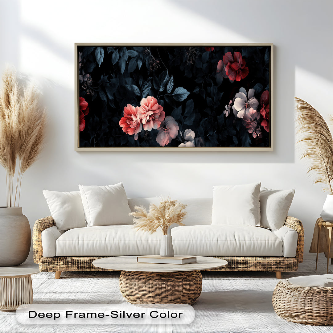 A moody botanical artwork with glowing flowers softly illuminated against a deep black background filled with lush, dark leaves.