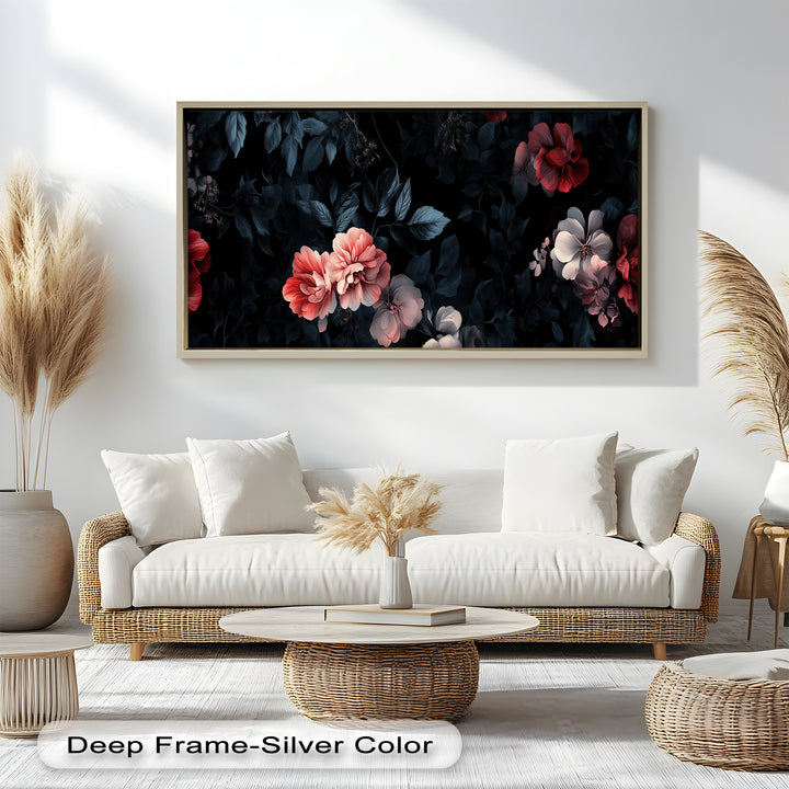 A moody botanical artwork with glowing flowers softly illuminated against a deep black background filled with lush, dark leaves.