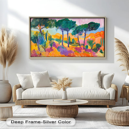 Alternating colors in the Mediterranean Sunrise create a vibrant visual rhythm, bringing energy to this oil painting home decor with golden hills and cypress trees.