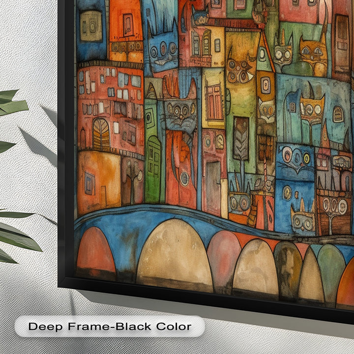 Whimsical Cat Cityscape – Surreal Architecture and Feline Picasso Oil Painting