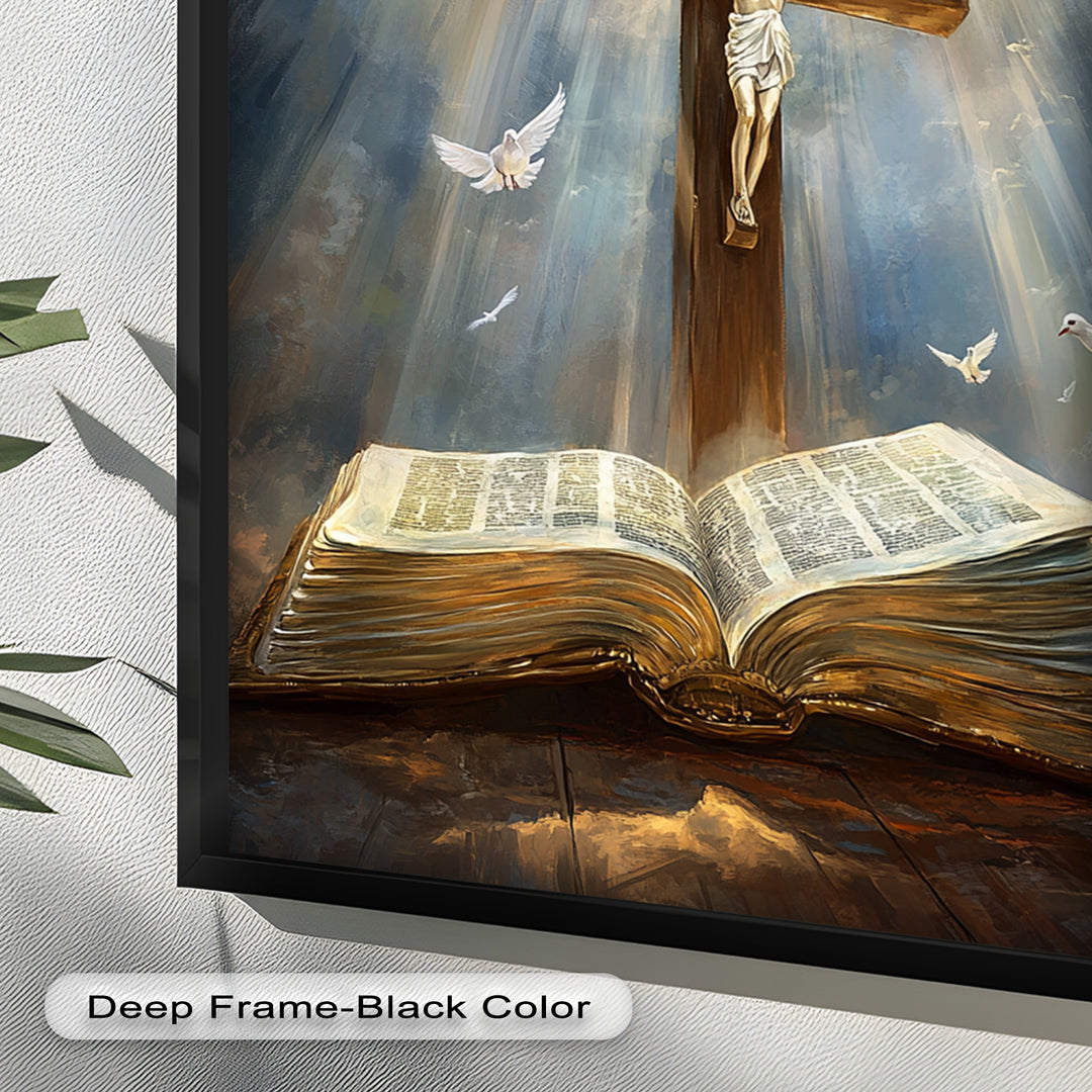 Jesus on the Cross with Open Bible and Doves - Oil Painting