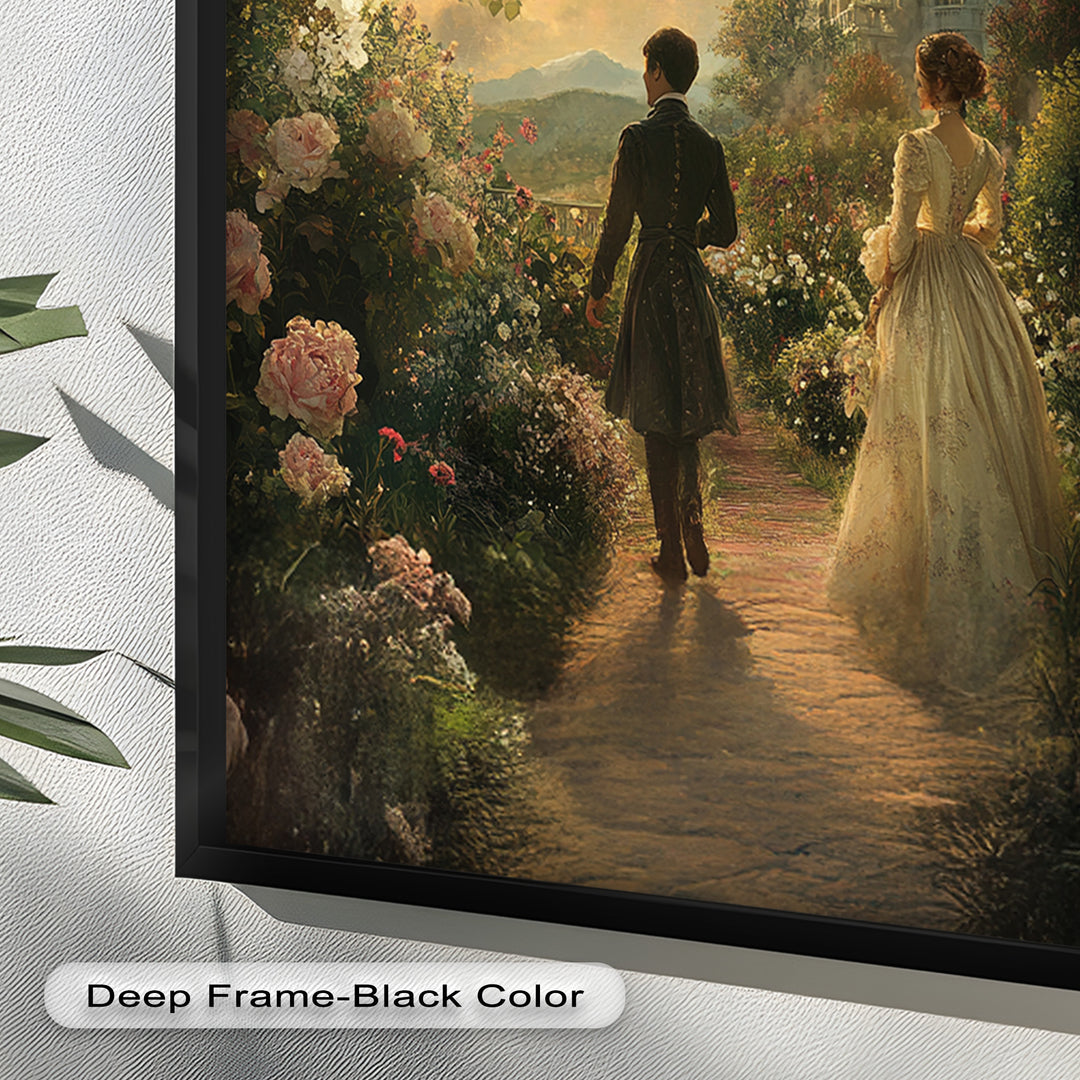 Victorian Lovers at Twilight – Romantic Garden Walk Oil Painting