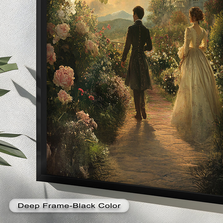 Victorian Lovers at Twilight – Romantic Garden Walk Oil Painting