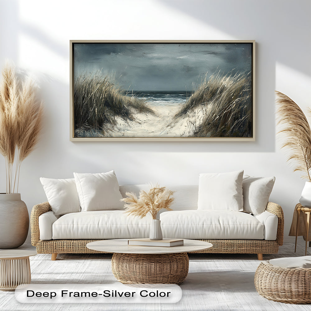 The textured brushstrokes and swaying grasses create depth and movement, guiding the viewer into the heart of the scene.