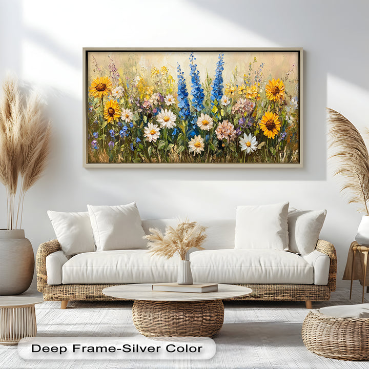 An impressionistic wildflower garden with tall blue blossoms, golden sunflowers, and pastel blooms bursting with natural charm.
