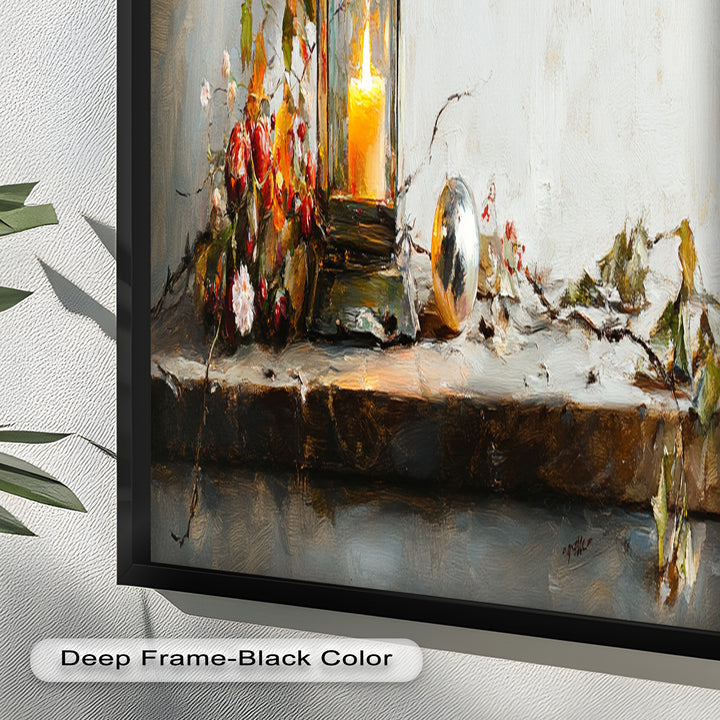 Bronze Candle Lantern Art – Winter Decor Oil Painting
