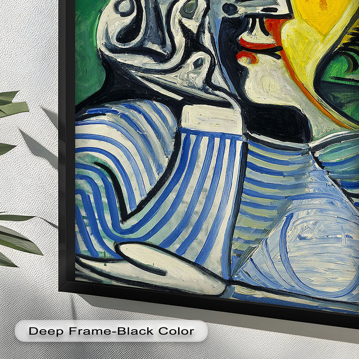 Nachdenklicher Blick – Gestreifte Frau mit Sonnenhut Picasso Ölgemälde
