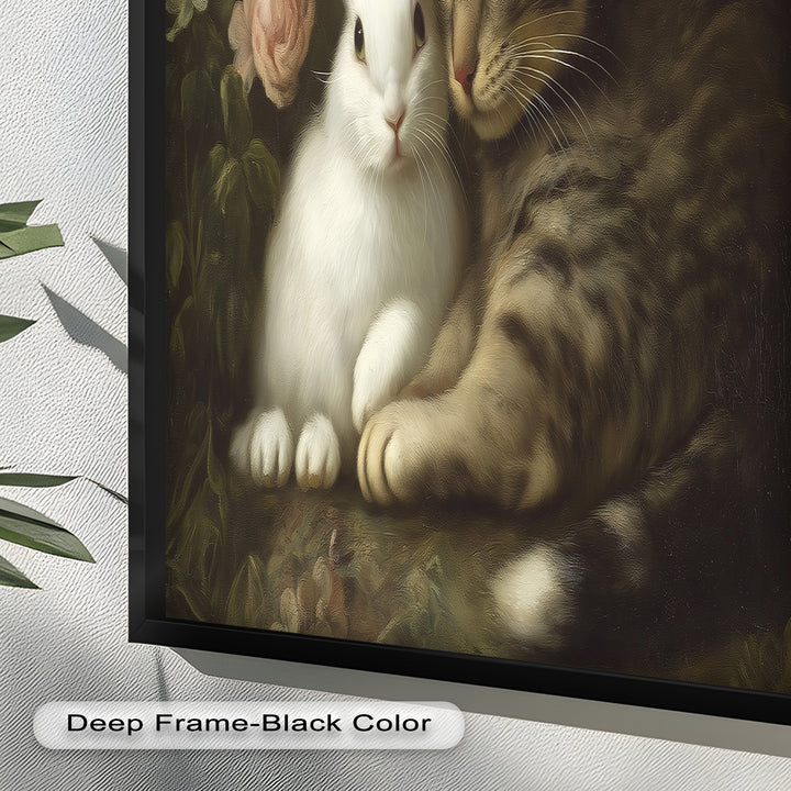 Cat and Rabbit in Floral Harmony - Animal Oil Painting