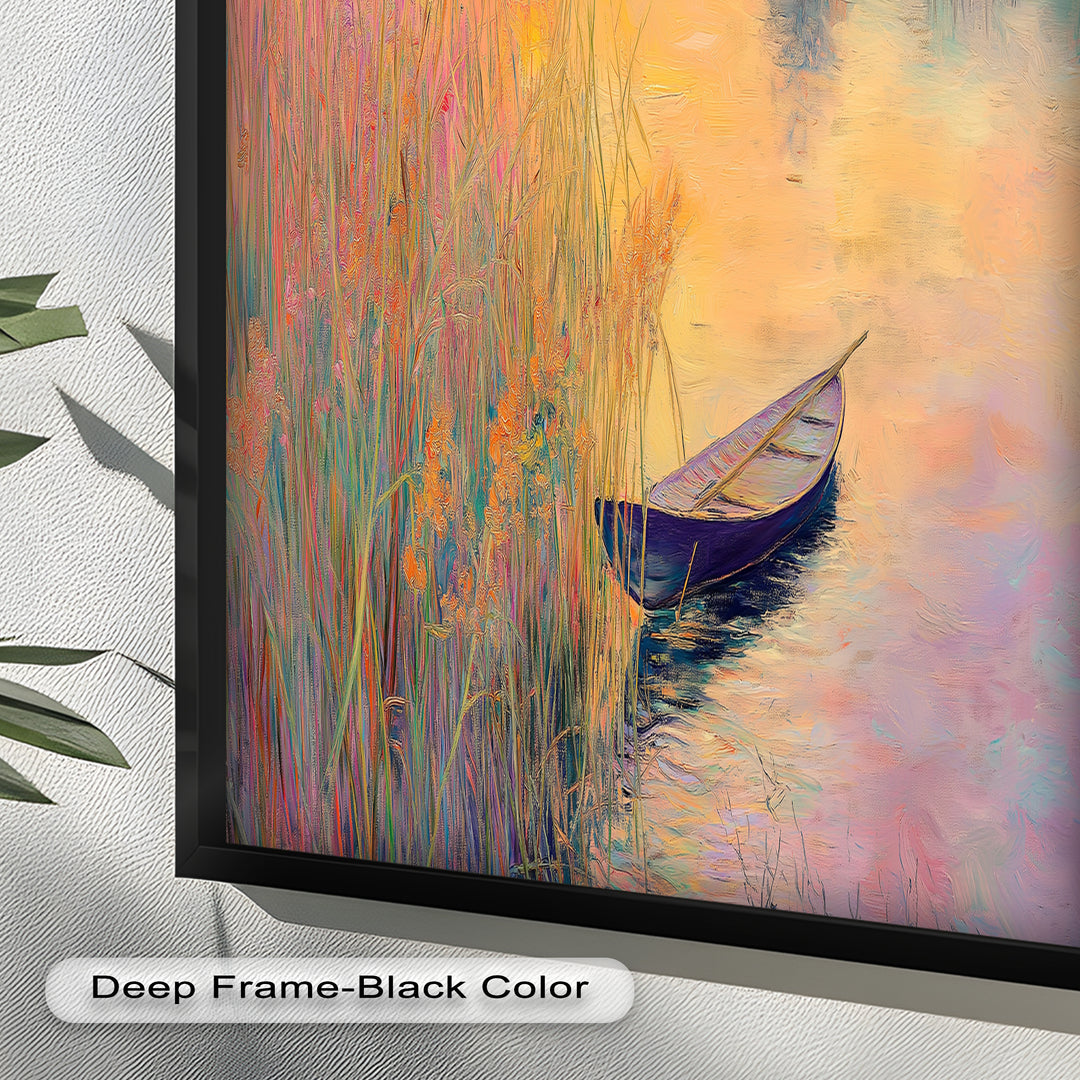 Golden Reeds and Sunset Rowboat – Impressionist Oil Painting