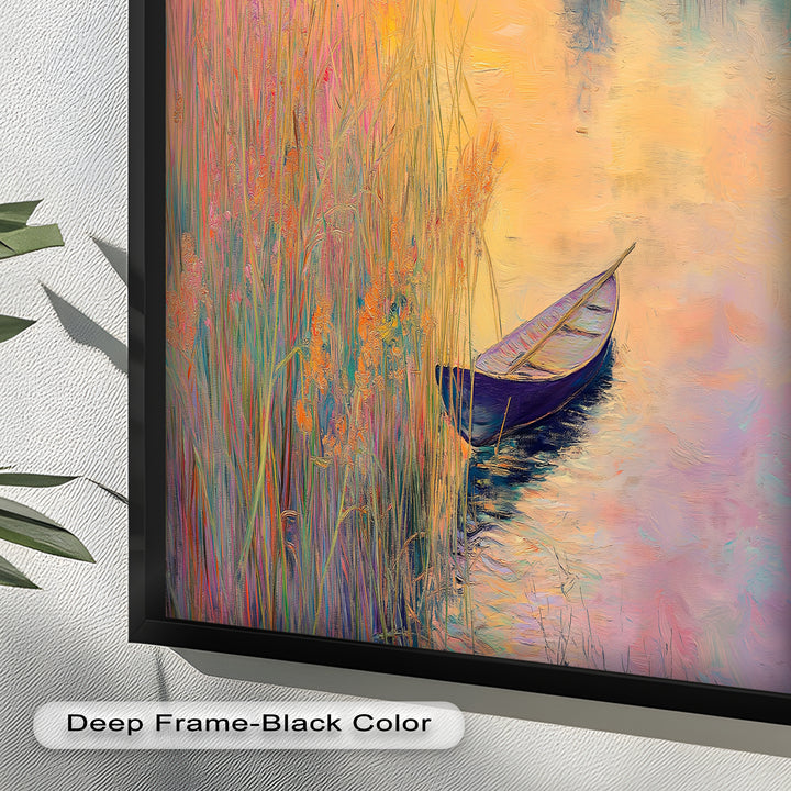 Golden Reeds and Sunset Rowboat – Impressionist Oil Painting