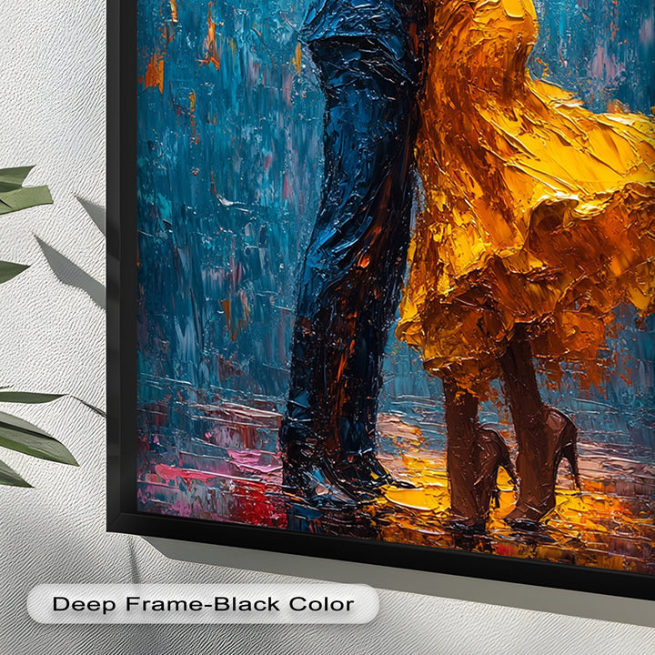 Midnight Embrace – Vibrant Couple in Yellow Dress Oil Painting