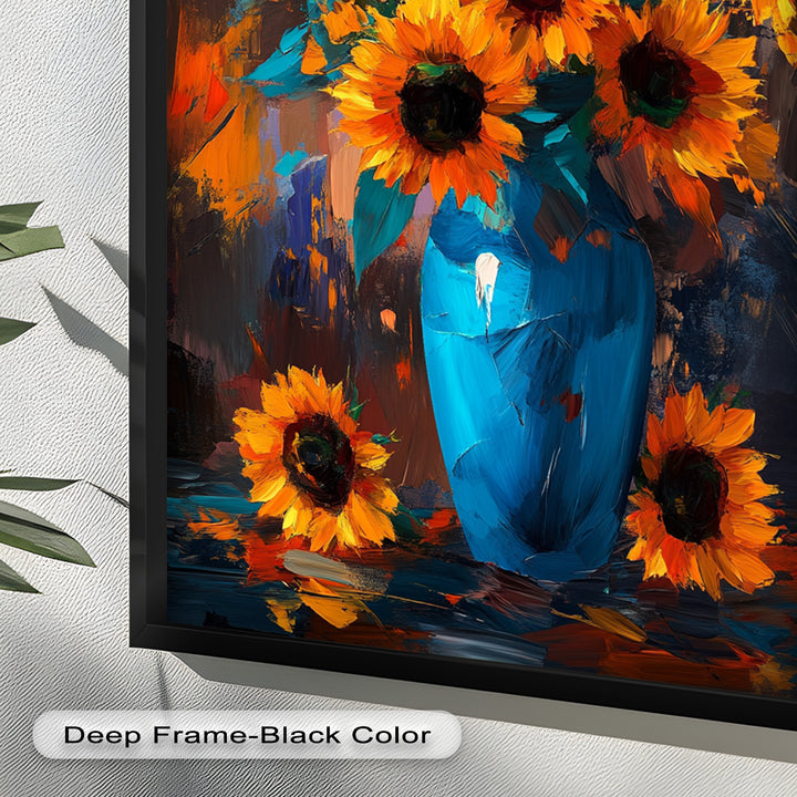 Sunlit Joy – Bold Sunflowers in Blue Vase Oil Painting