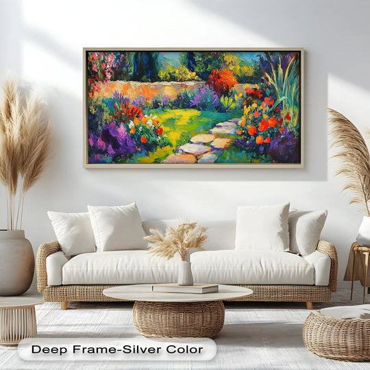 Stillness emanates from this vibrant sunlit garden path oil painting reproduction print, where colorful flowers invite quiet contemplation amidst nature's beauty.
