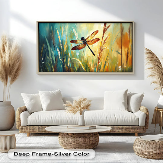 Intricate surface texture enhances the visual depth of this dragonfly in summer meadow glow animal oil painting art prints, giving it a realistic and tactile feel.