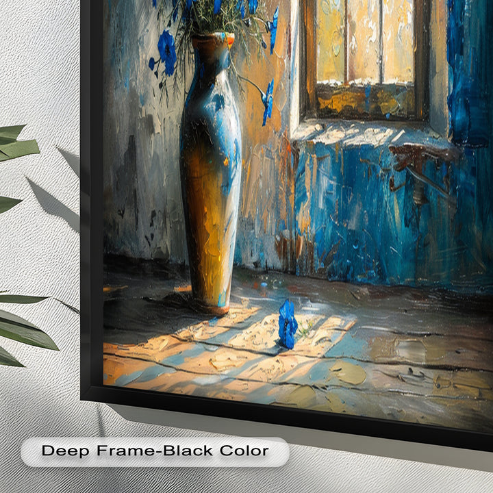Blue Flowers in Vase – Rustic Still Life Oil Painting