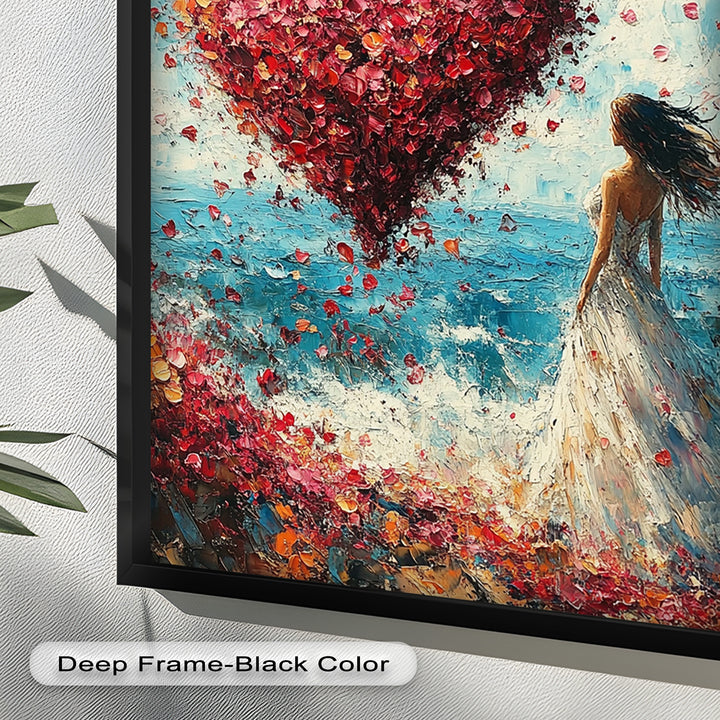 Woman with Heart-Shaped Petals Over the Sea - Love Oil Painting