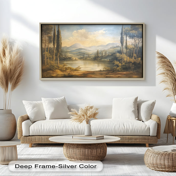 The distant mountains and layered hills create a sense of depth and calm, inviting the viewer into a peaceful, pastoral escape.