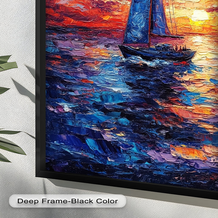 Crimson Horizon – Sunset Voyage Boat Oil Painting