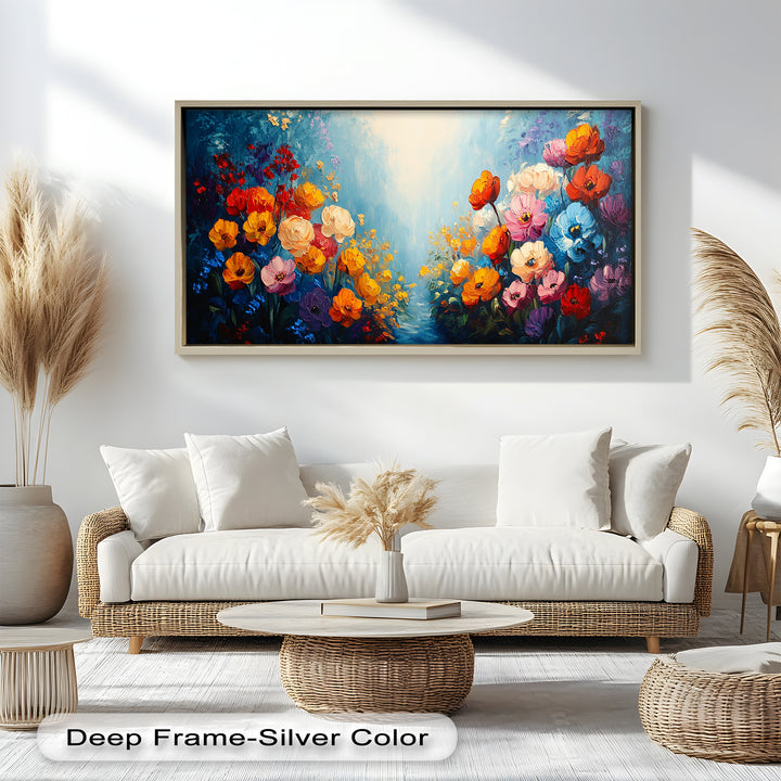 Multicolor Blossoms in Blue Radiance - Flower Oil Painting