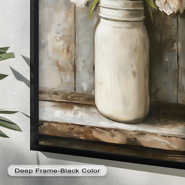 Blush & Cream Blooms – Rustic Mason Jar Flower Oil Painting